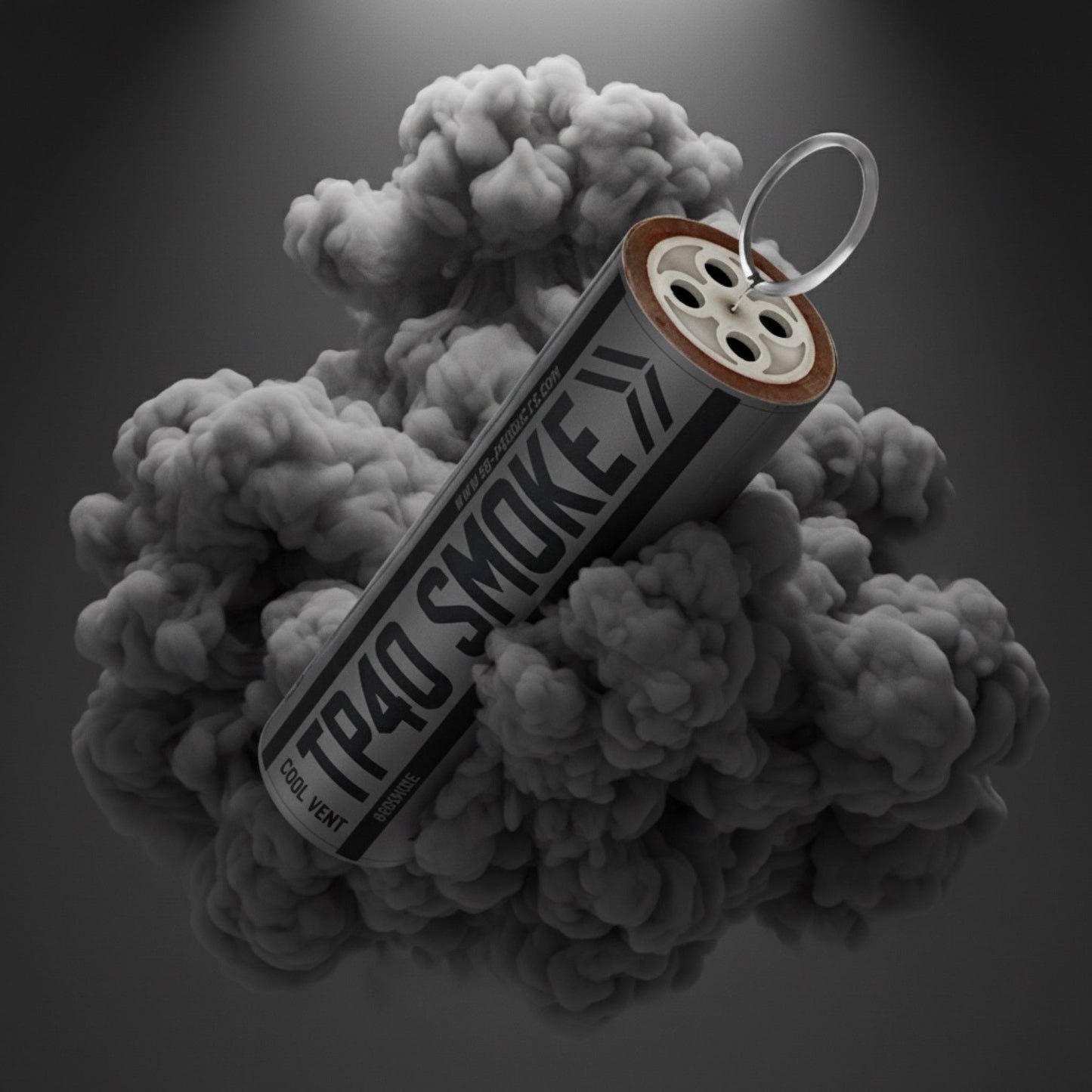 Black TP40 smoke grenade emitting dense black smoke