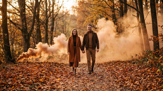 A couple walking toward camera on a tree-lined autumn path carpeted with fallen orange and gold leaves with colored smok