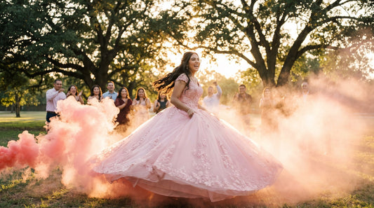 A radiant quinceañera in a full ballgown mid-twirl in an open park at golden hour with colored smoke - Shutter Bombs