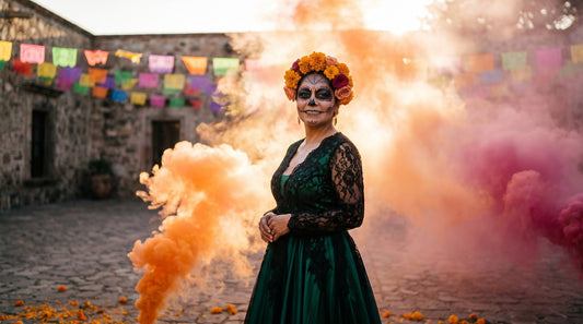 Editorial portrait of a subject in elegant La Catrina sugar-skull makeup wearing a crown of orange marigolds and roses w