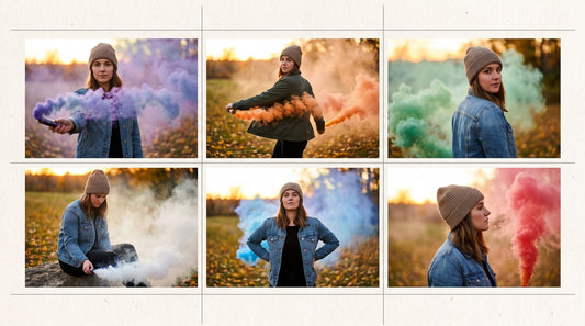 A 6-pose contact-sheet grid in a clean Field Notes tool-catalog aesthetic. One young adult portrait subject photographed