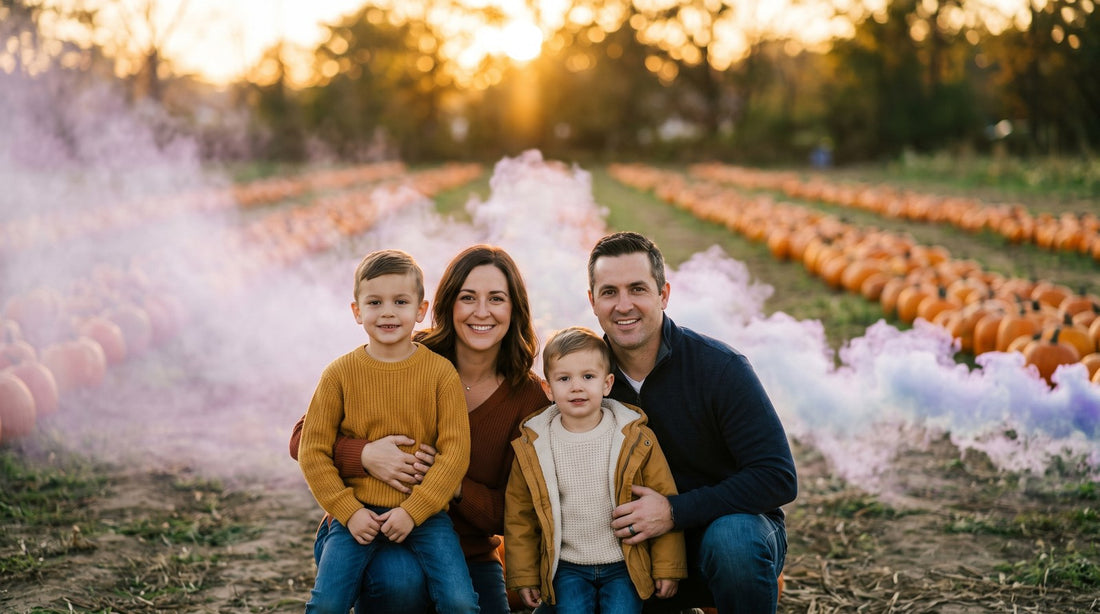 a family of four at a working pumpkin patch during golden hour with colored smoke - Shutter Bombs