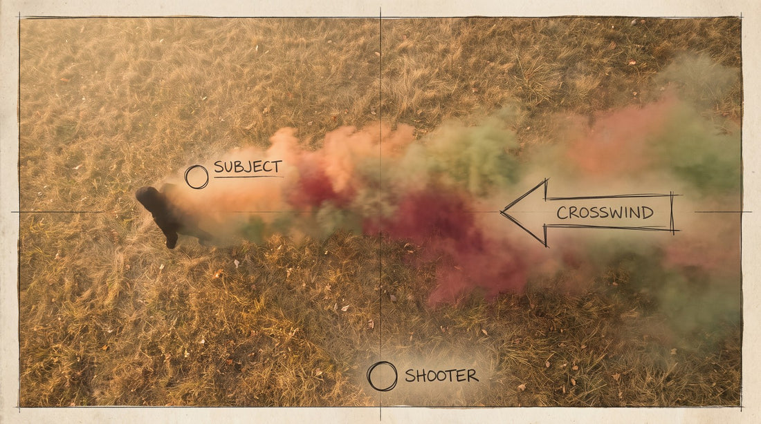 Field Notes style overhead diagram of a smoke bomb photoshoot setup on a grassy autumn field with colored smoke - Shutte