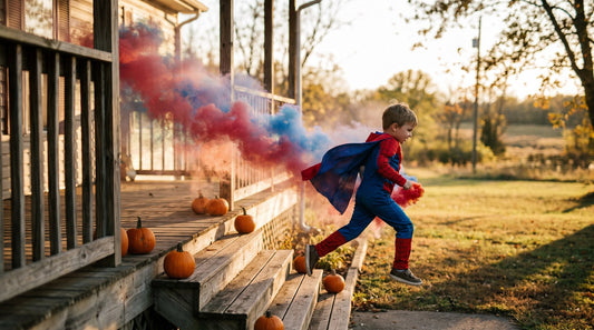 a young child in a superhero costume mid-action pose on a wooden front porch at golden hour with colored smoke - Shutter