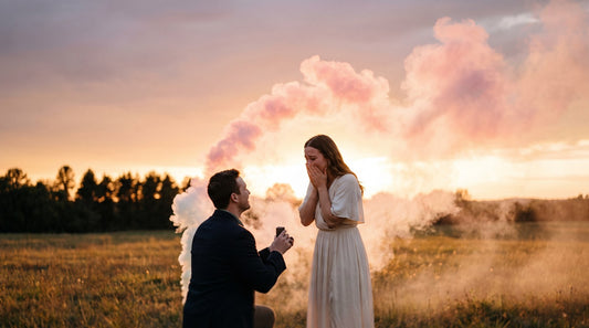 a person down on one knee proposing with colored smoke - Shutter Bombs