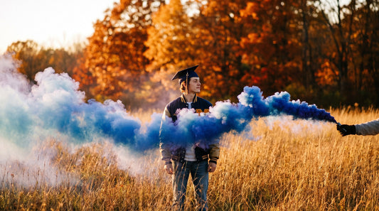 Documentary Field-Notes style senior portrait with colored smoke - Shutter Bombs