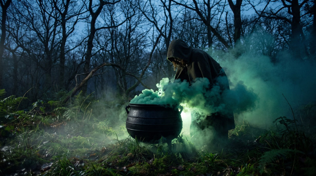 A cloaked witch leaning over a black cast-iron cauldron in a twilight forest clearing with colored smoke - Shutter Bombs