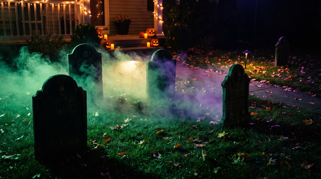Outdoor Halloween party smoke effects in a haunted yard