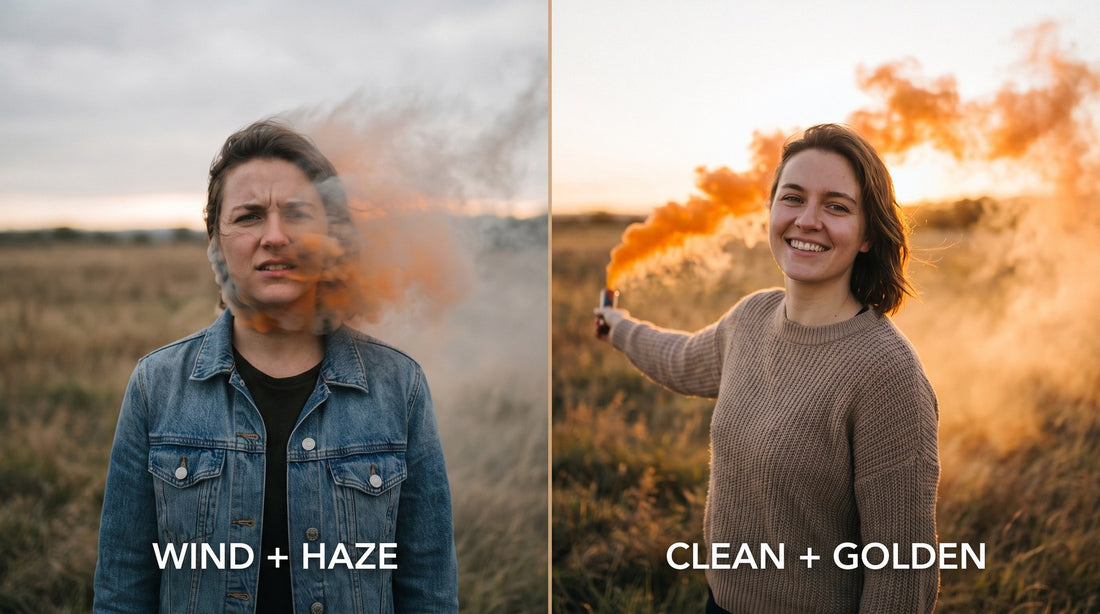 Split-frame comparison image with colored smoke - Shutter Bombs