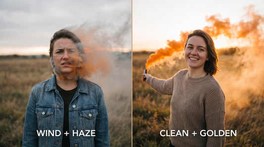 Split-frame comparison image with colored smoke - Shutter Bombs