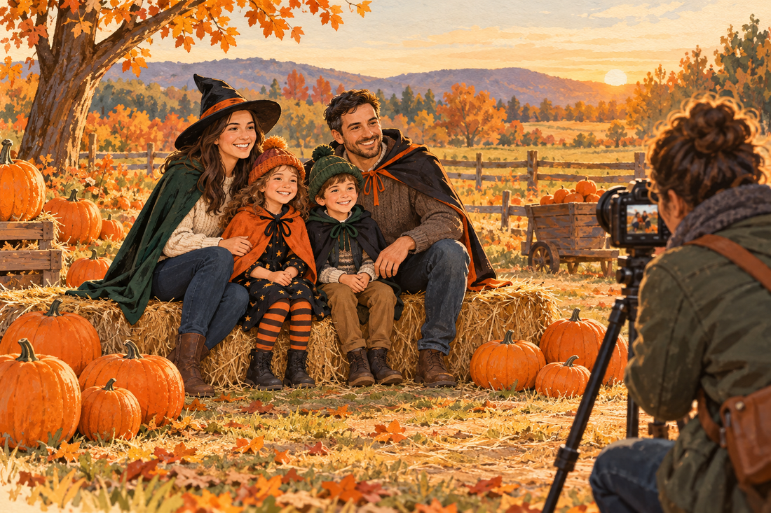 Smoke-free family Halloween photo planning illustration with pumpkins and costumes