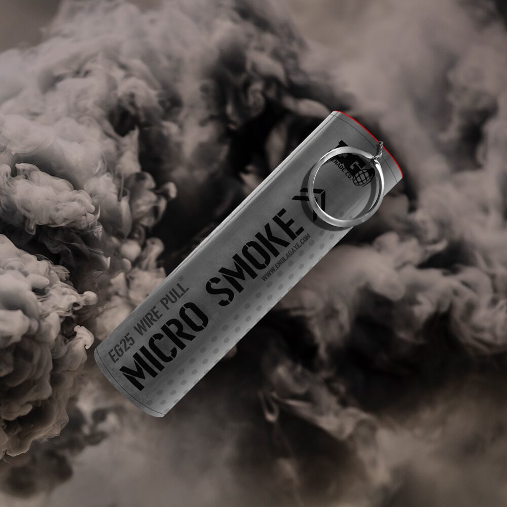 Black EG25 smoke grenade emitting dense black smoke