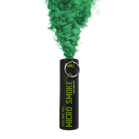 Green EG25 smoke grenade emitting dense green smoke