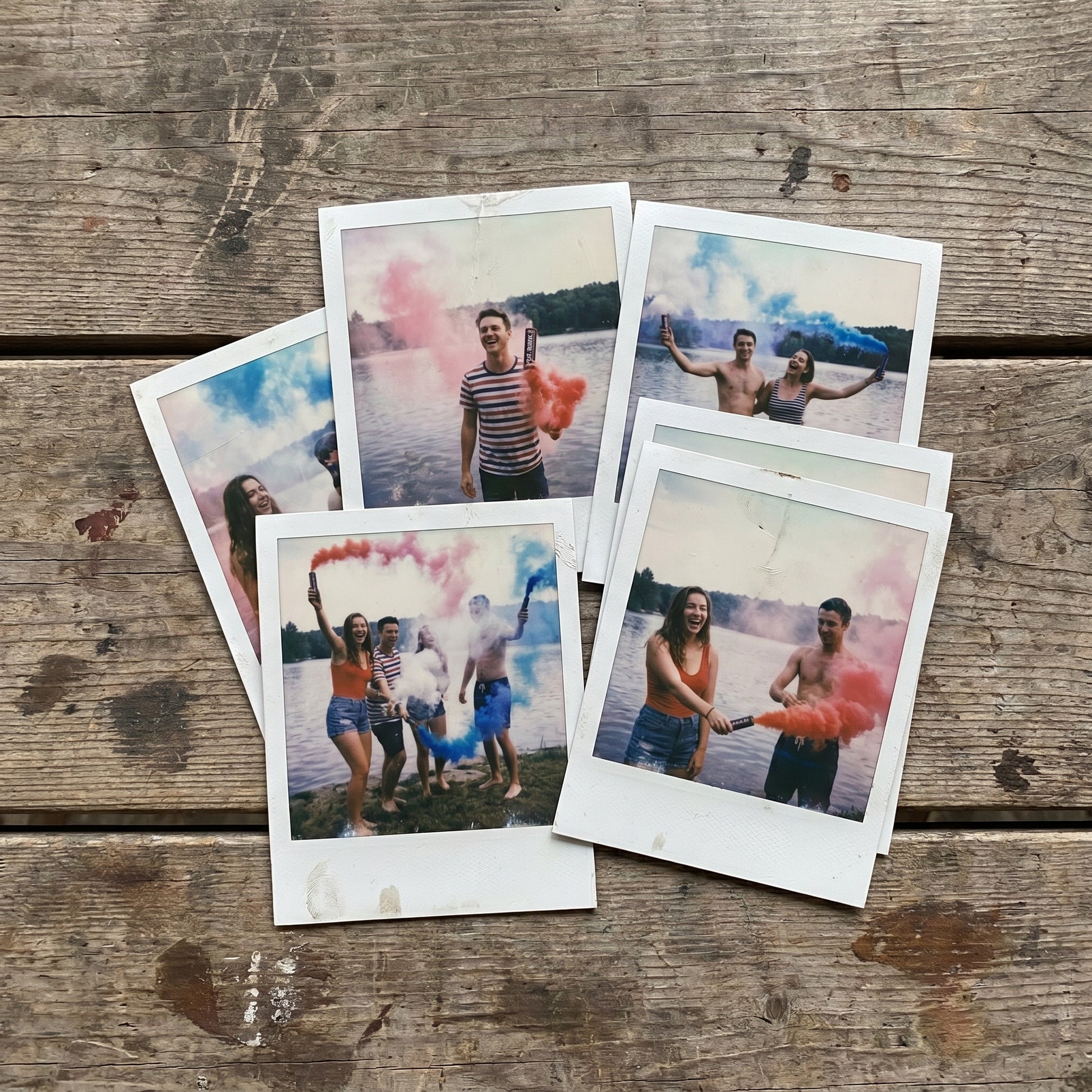 Shutter Bombs — A small stack of vintage Polaroid instant photos scattered on a rustic wooden picnic table, each