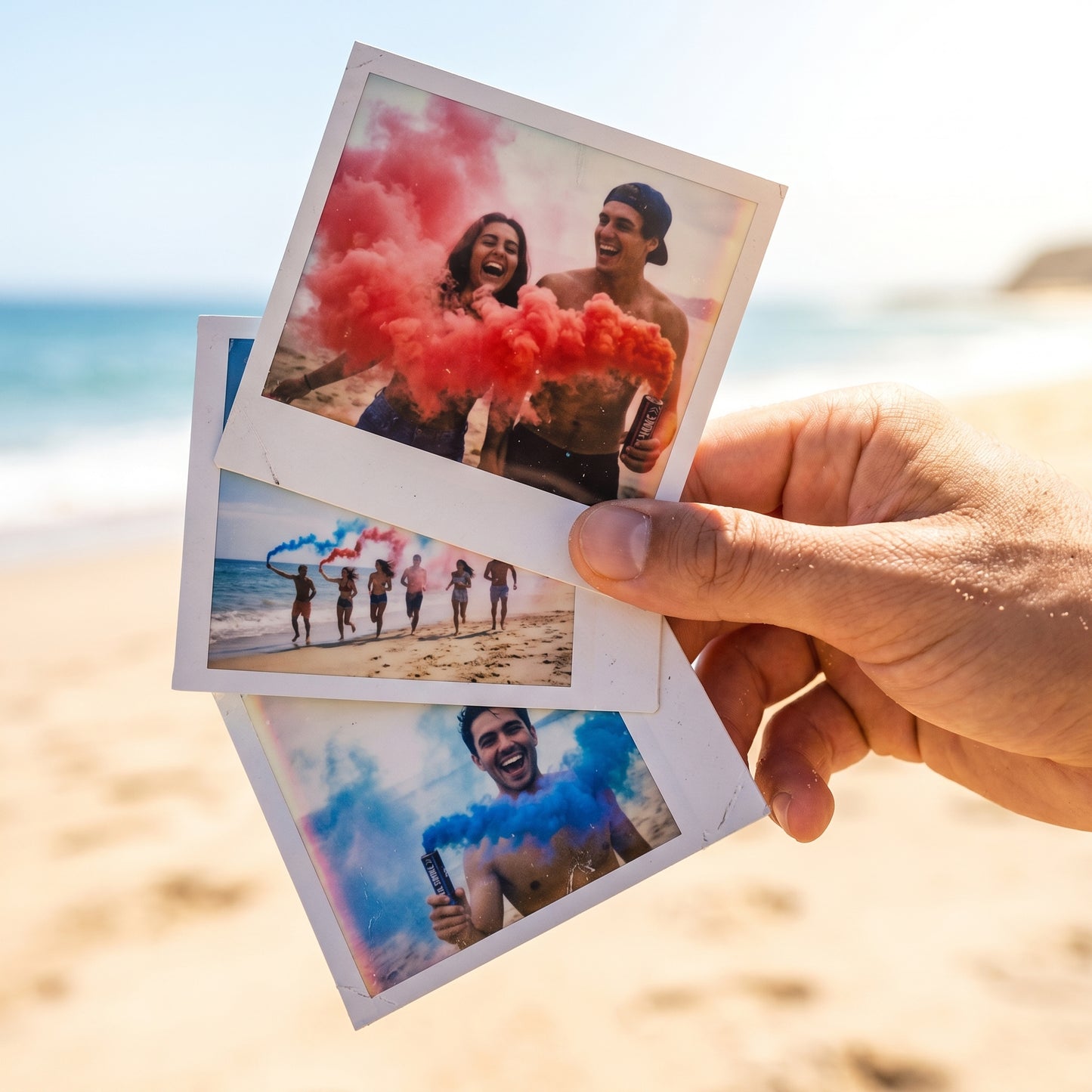 Shutter Bombs — A hand holding up three Polaroid instant photos showing people with red and blue smoke bombs