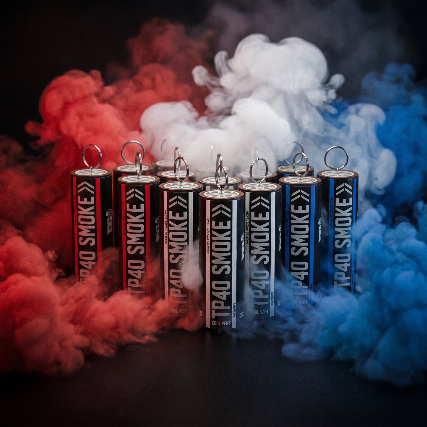 Shutter Bombs — Clean explosive hero PRODUCT photo of a 18-pack bundle of TP40 smoke grenades: 18 canisters in
