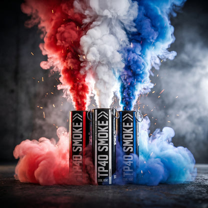 Shutter Bombs — Explosive hero PRODUCT photo for the 'MERICA bundle pack: the three TP40 smoke grenade canisters (the