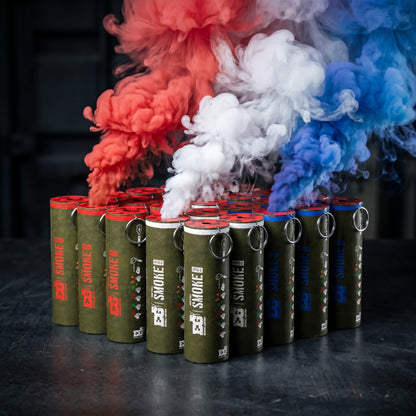 Shutter Bombs — Clean explosive hero PRODUCT photo of a 18-pack bundle of WP40-D wire-pull smoke grenades: 18 olive-green