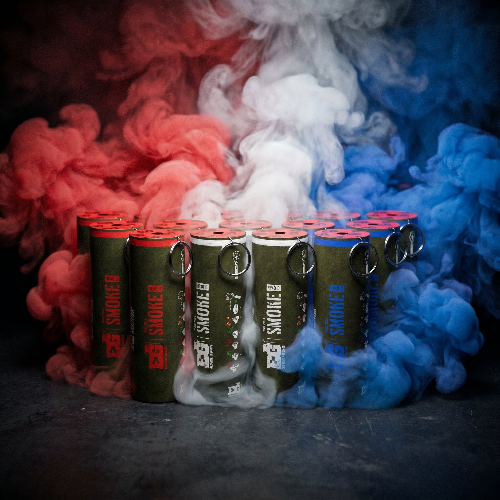 Shutter Bombs — Clean explosive hero PRODUCT photo of a 18-pack bundle of WP40-D wire-pull smoke grenades: 18 olive-green