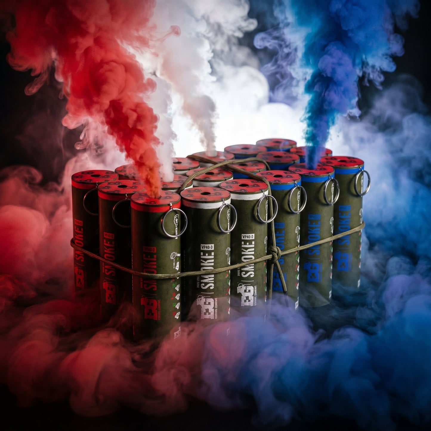 Shutter Bombs — Clean explosive hero PRODUCT photo of a 18-pack bundle of WP40-D wire-pull smoke grenades: 18 olive-green
