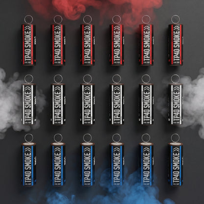 Shutter Bombs — Top-down studio e-commerce PRODUCT photo of EXACTLY 18 TP40 smoke grenade canisters laid flat, organized BY