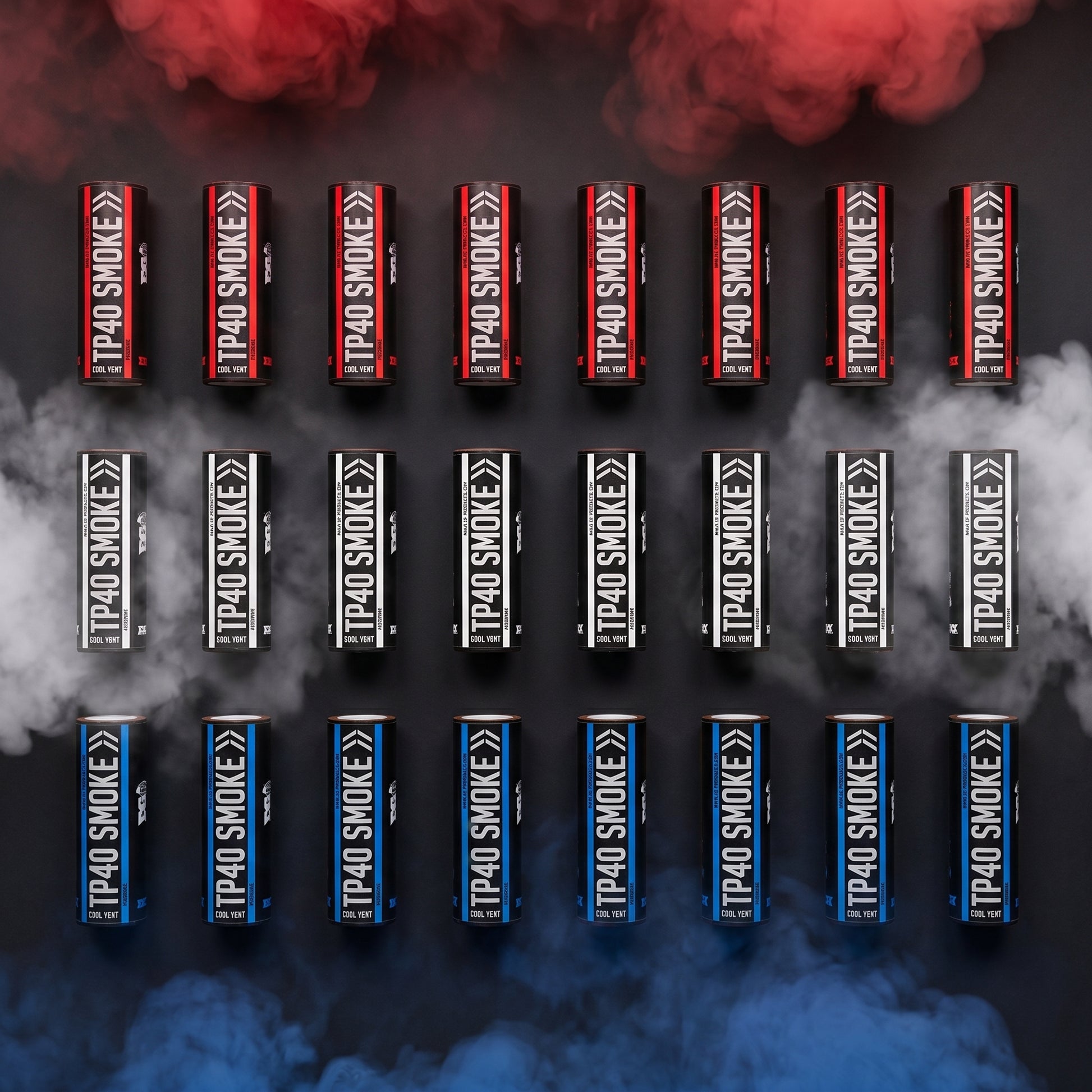 Shutter Bombs — Top-down studio e-commerce PRODUCT photo of EXACTLY 24 TP40 smoke grenade canisters laid flat, organized BY