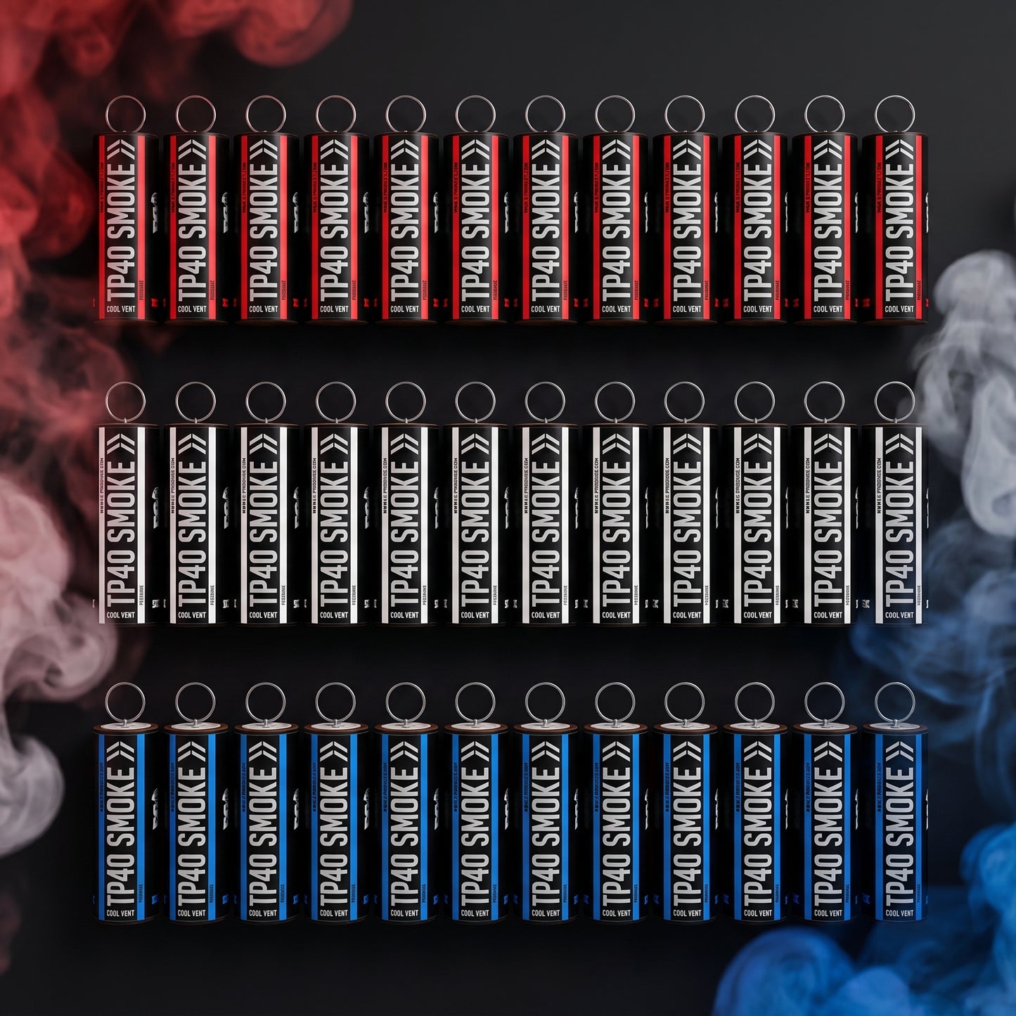 Shutter Bombs — Top-down studio e-commerce PRODUCT photo of EXACTLY 30 TP40 smoke grenade canisters laid flat, organized BY