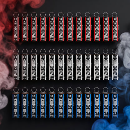 Shutter Bombs — Top-down studio e-commerce PRODUCT photo of EXACTLY 30 TP40 smoke grenade canisters laid flat, organized BY