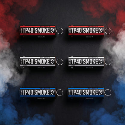 Shutter Bombs — Top-down studio e-commerce PRODUCT photo of EXACTLY 6 TP40 smoke grenade canisters laid flat, organized BY