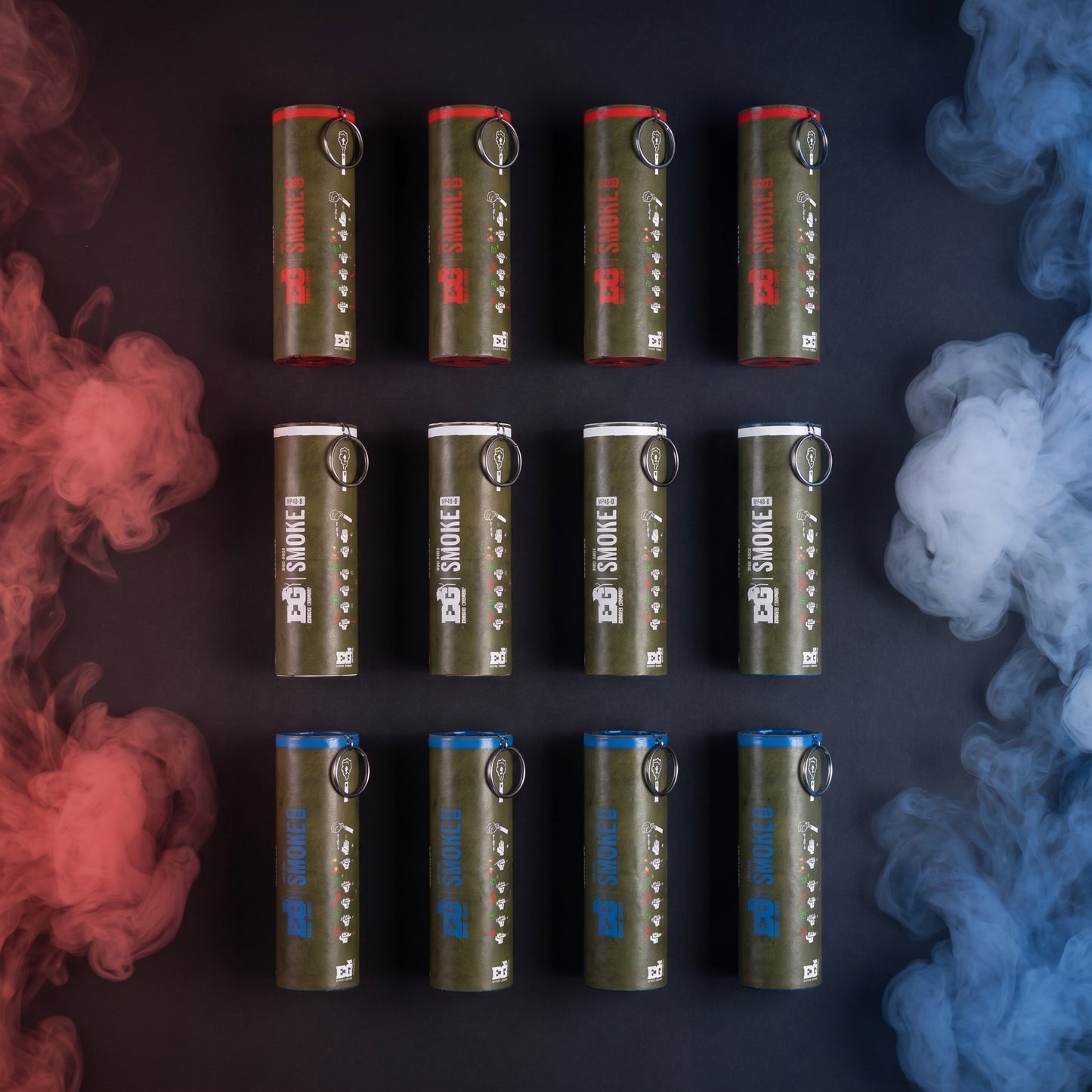 Shutter Bombs — Top-down studio e-commerce PRODUCT photo of EXACTLY 12 WP40-D smoke grenade canisters laid flat, organized BY