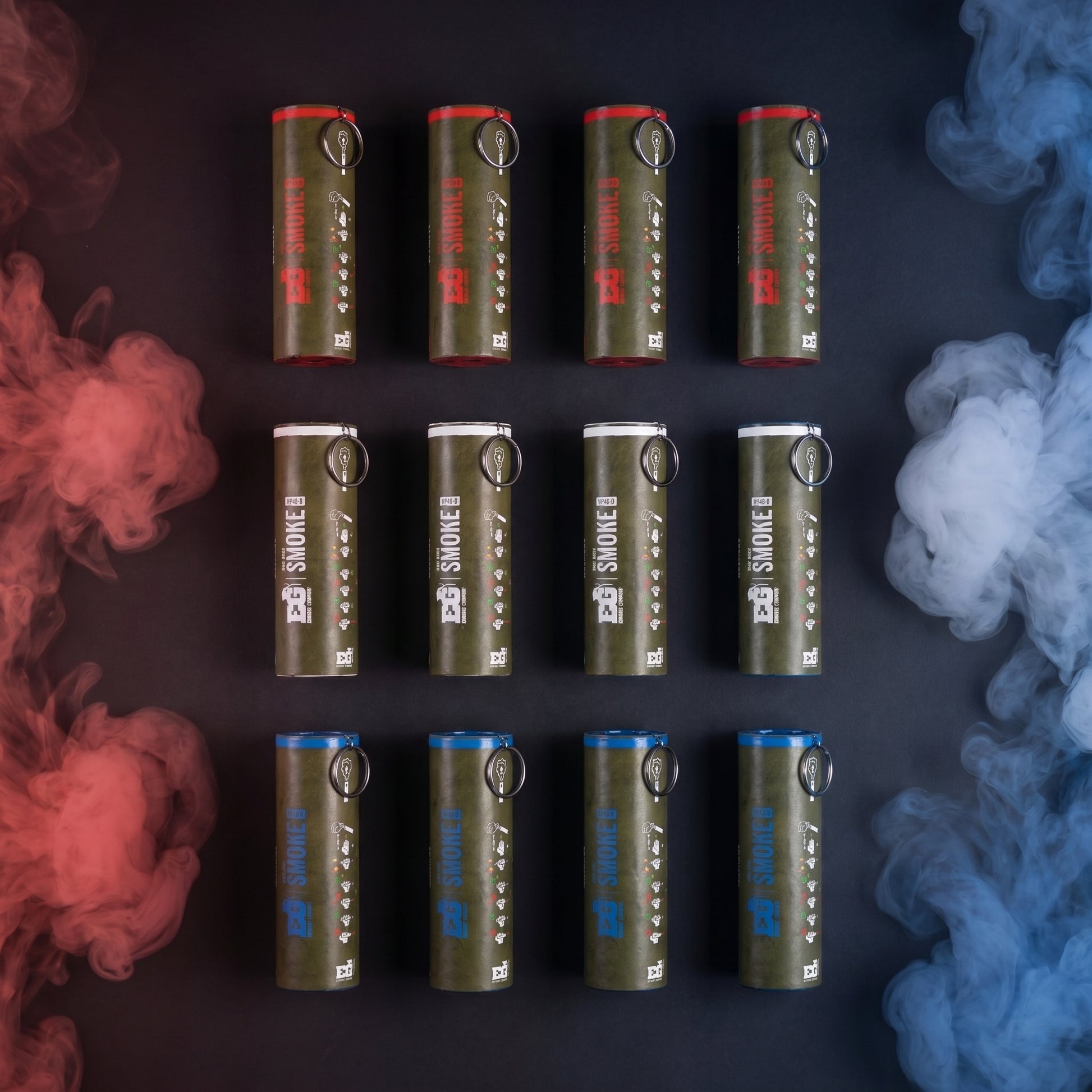 Shutter Bombs — Top-down studio e-commerce PRODUCT photo of EXACTLY 12 WP40-D smoke grenade canisters laid flat, organized BY