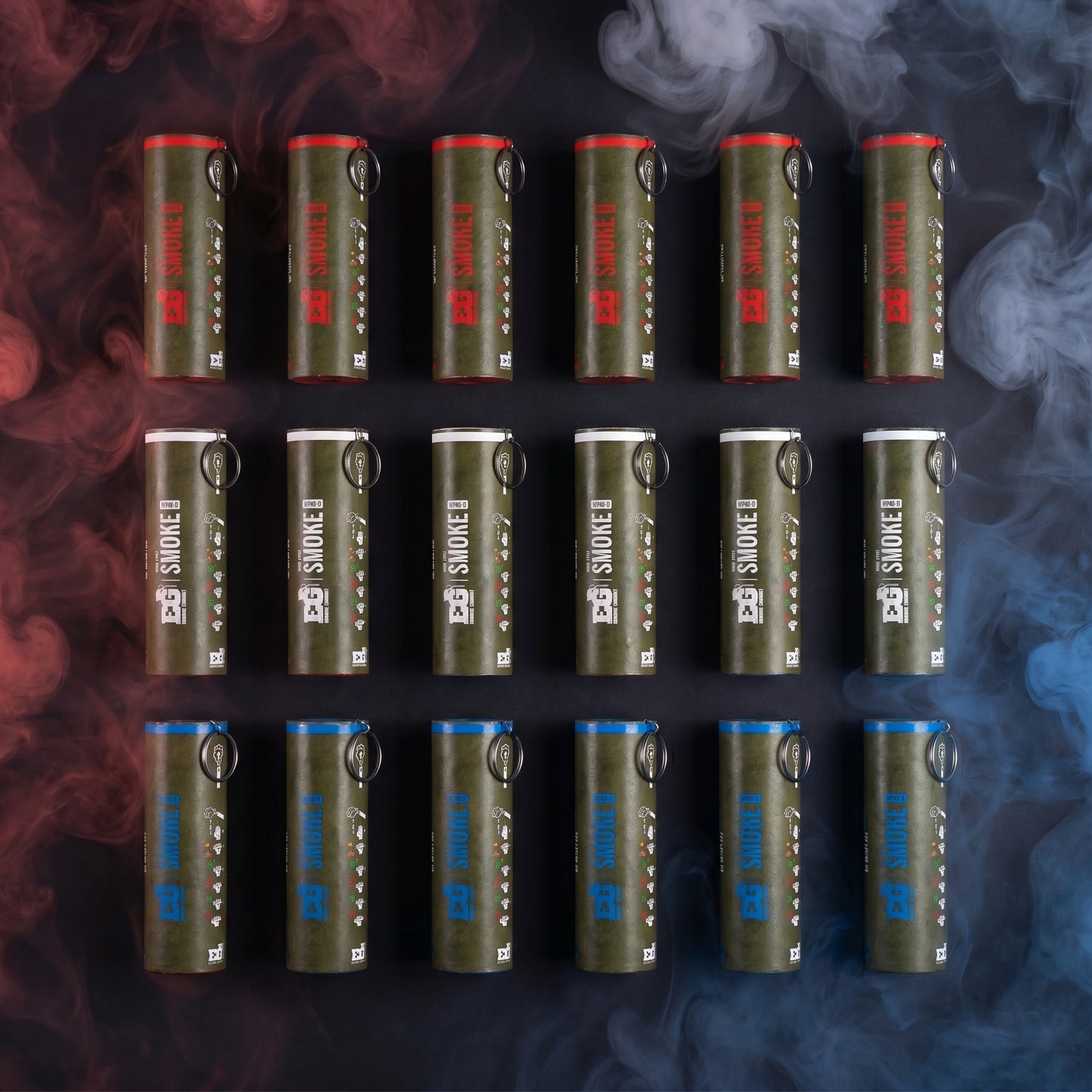 Shutter Bombs — Top-down studio e-commerce PRODUCT photo of EXACTLY 18 WP40-D smoke grenade canisters laid flat, organized BY