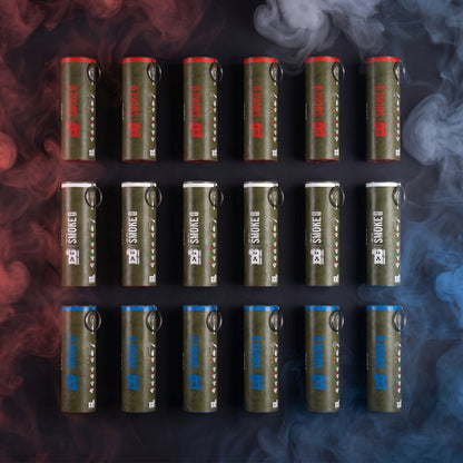 Shutter Bombs — Top-down studio e-commerce PRODUCT photo of EXACTLY 18 WP40-D smoke grenade canisters laid flat, organized BY