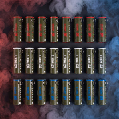 Shutter Bombs — Top-down studio e-commerce PRODUCT photo of EXACTLY 24 WP40-D smoke grenade canisters laid flat, organized BY