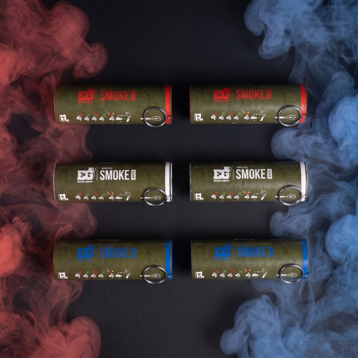 Shutter Bombs — Top-down studio e-commerce PRODUCT photo of EXACTLY 6 WP40-D smoke grenade canisters laid flat, organized BY