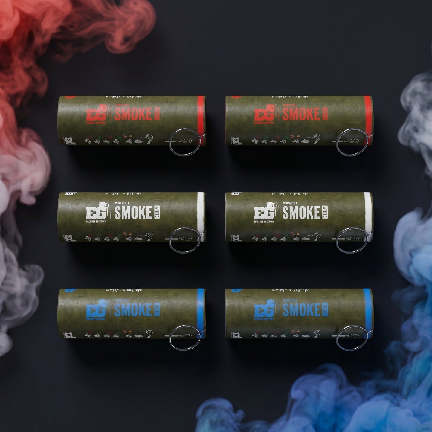 Shutter Bombs — Top-down studio e-commerce PRODUCT photo of EXACTLY 6 WP40-D smoke grenade canisters laid flat, organized BY