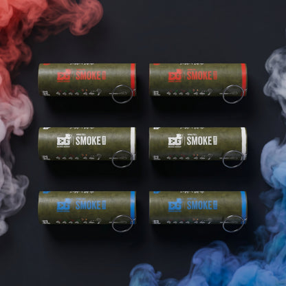Shutter Bombs — Top-down studio e-commerce PRODUCT photo of EXACTLY 6 WP40-D smoke grenade canisters laid flat, organized BY