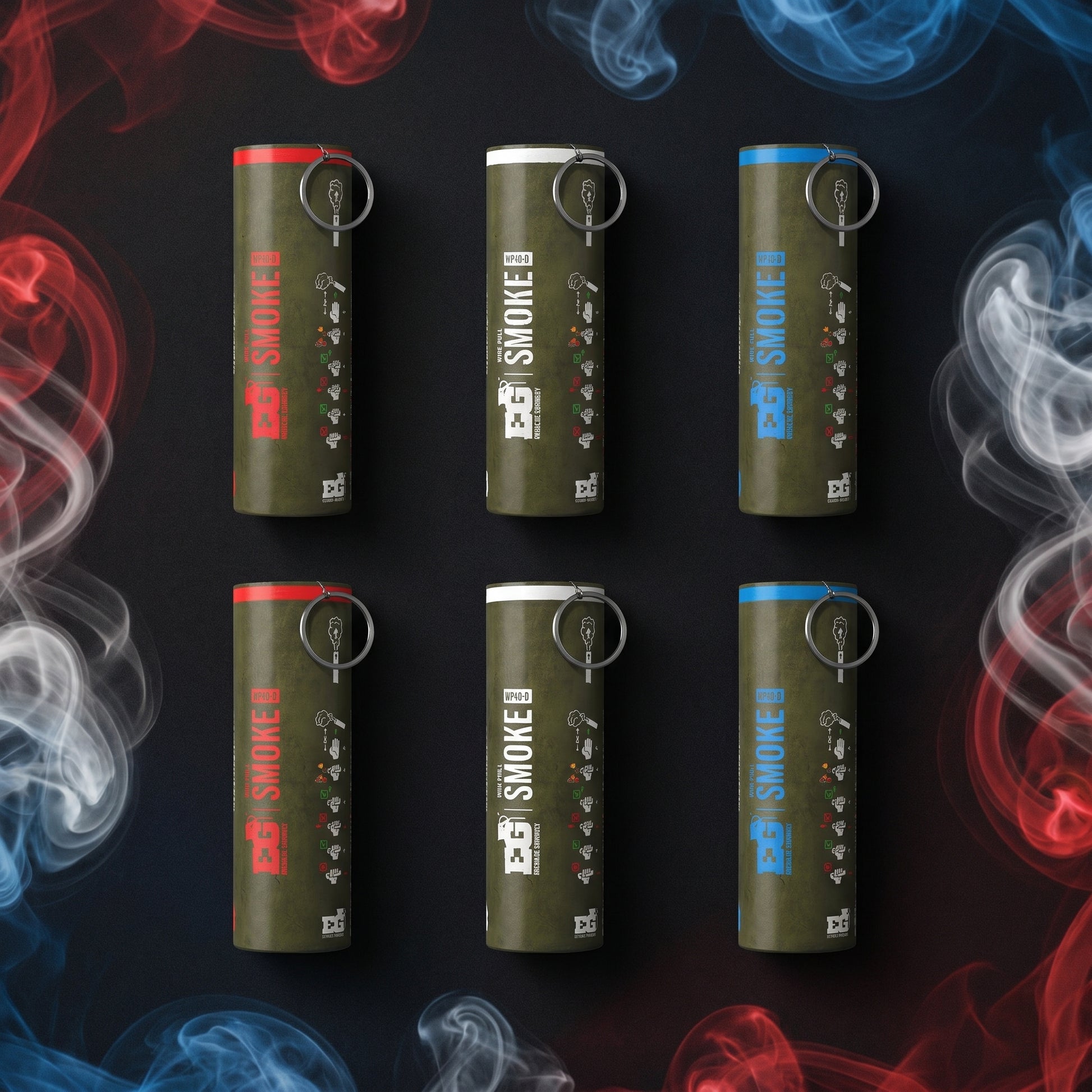 Shutter Bombs — Top-down flat-lay PRODUCT photo of EXACTLY 6 WP40-D smoke grenade canisters laid flat on a dark