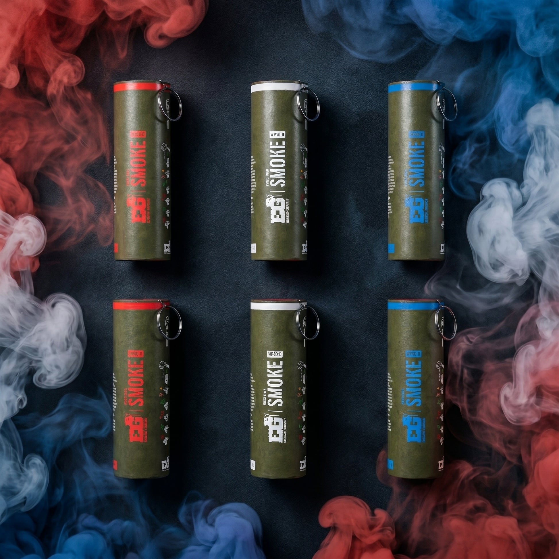 Shutter Bombs — Top-down flat-lay PRODUCT photo of EXACTLY 6 WP40-D smoke grenade canisters laid flat on a dark