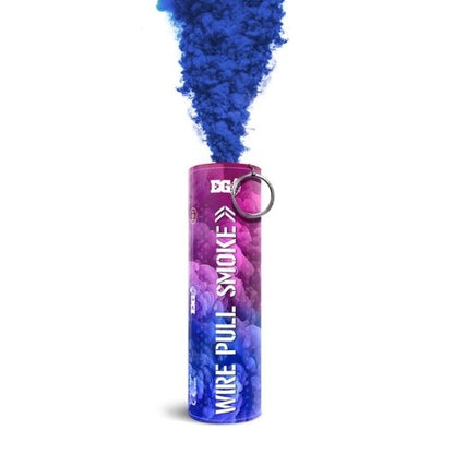 Blue gender reveal smoke grenade, discreetly labeled, blue smoke