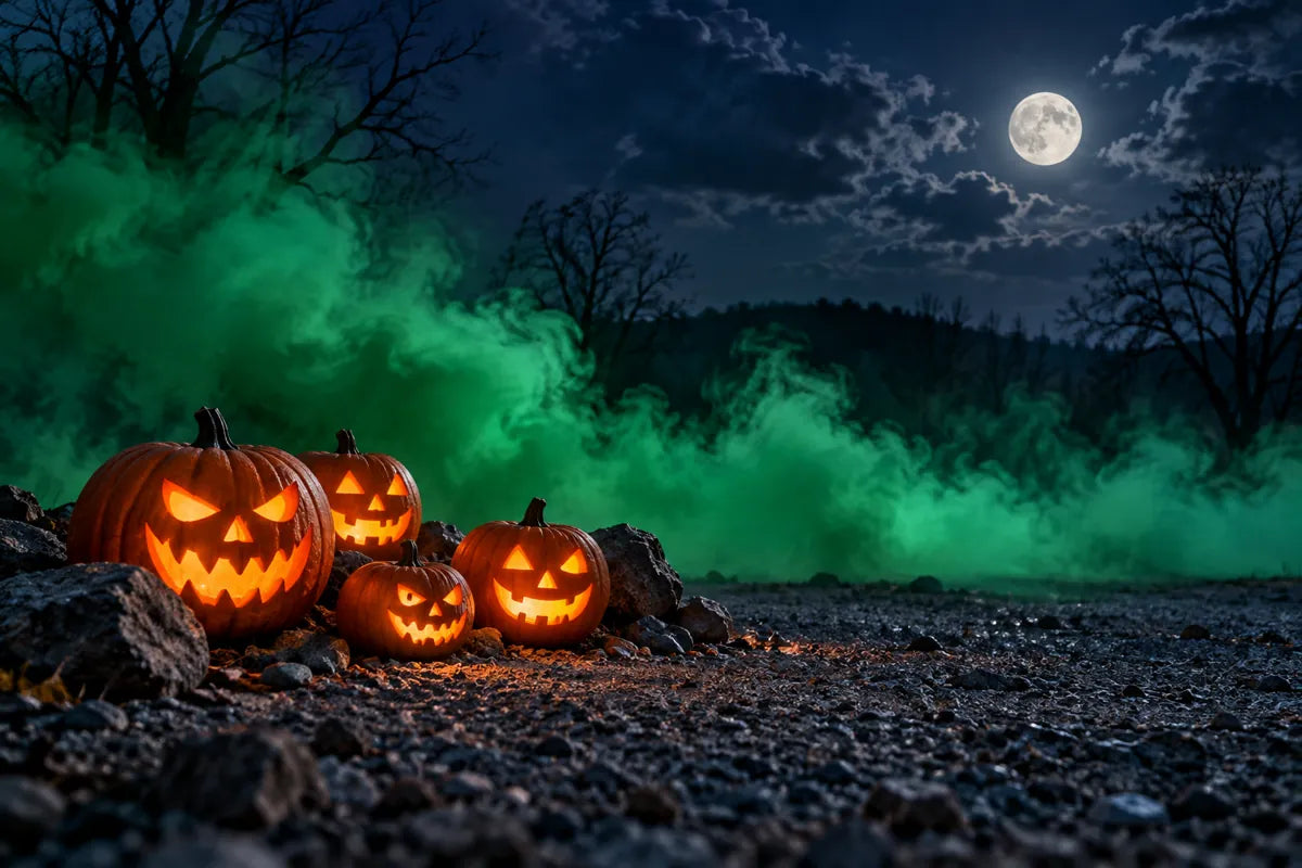 Carved pumpkins on gravel with green smoke under a moonlit sky