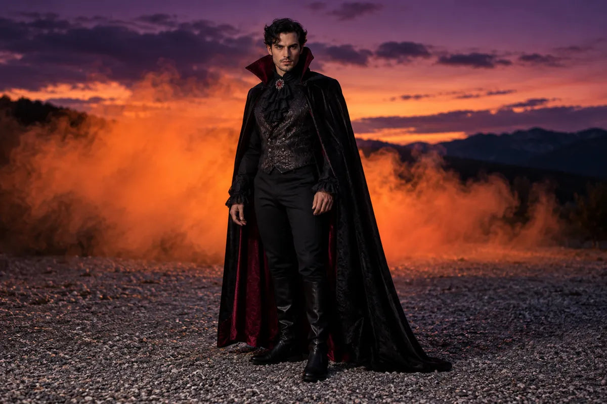 Adult vampire costume portrait outdoors with orange smoke behind the subject