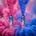Shutter Bombs — A premium e-commerce gender-reveal product hero of the TWO EG25 Micro Smoke canisters shown in the